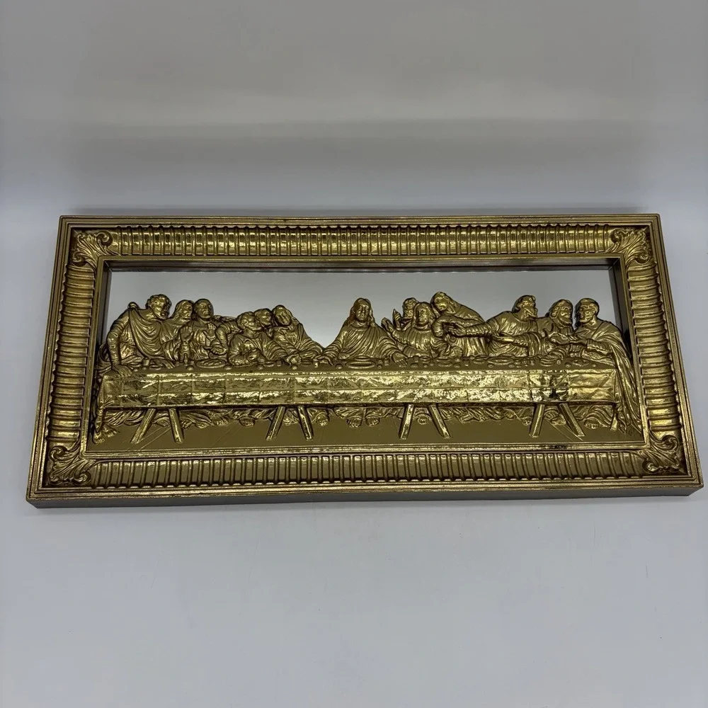 Vintage Home Interiors Last Supper Mirrored Plaque Wall Hanging Gold Made In USA